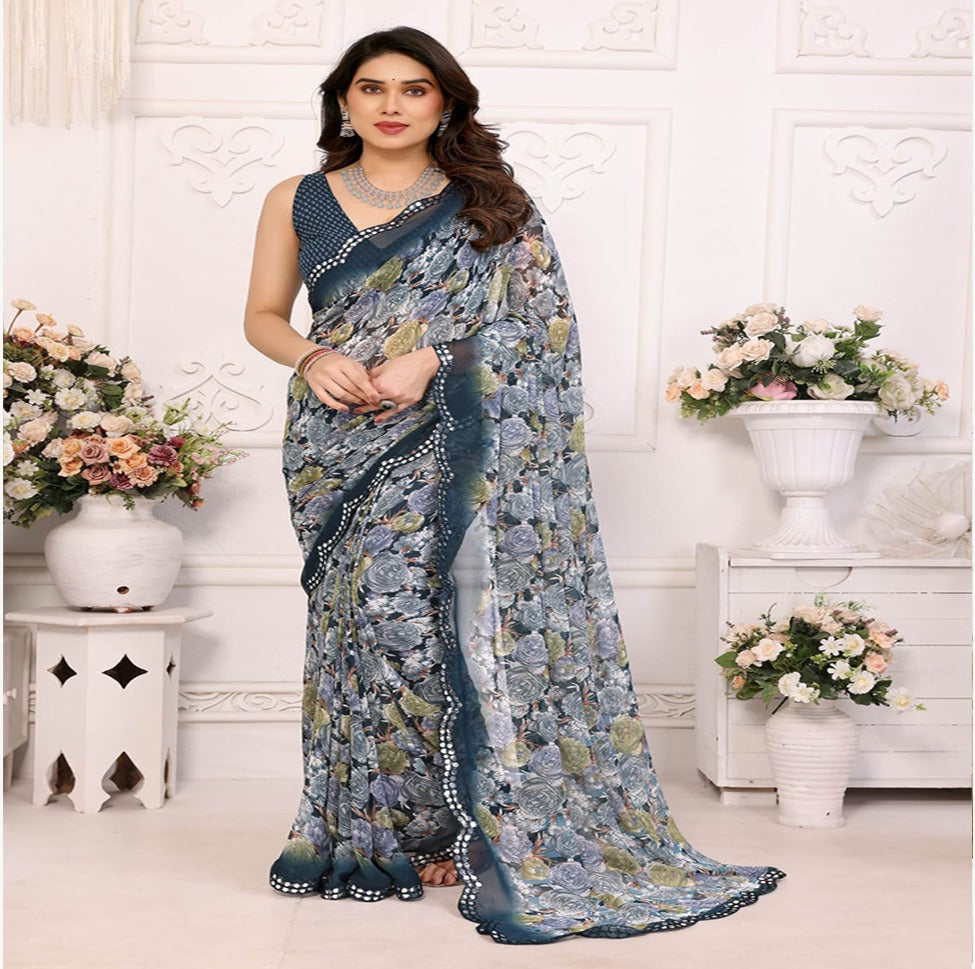 Elegant Black & Grey Floral Printed Saree with Designer Border – Party & Festive Wear
