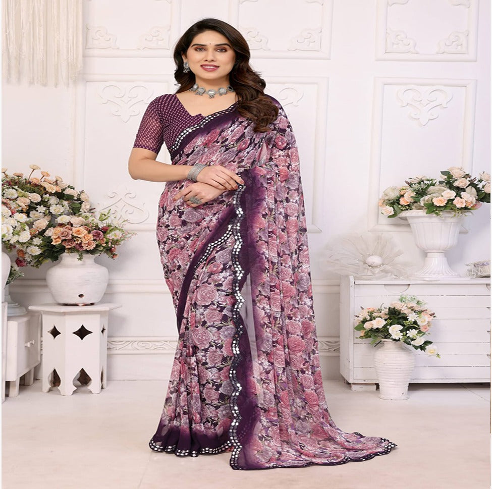 Elegant Black & Grey Floral Printed Saree with Designer Border – Party & Festive Wear
