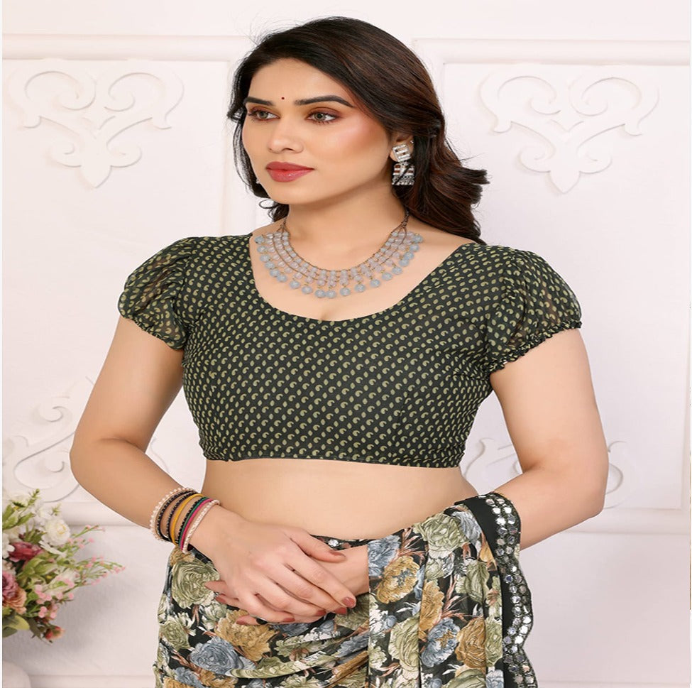 Elegant Black & Grey Floral Printed Saree with Designer Border – Party & Festive Wear