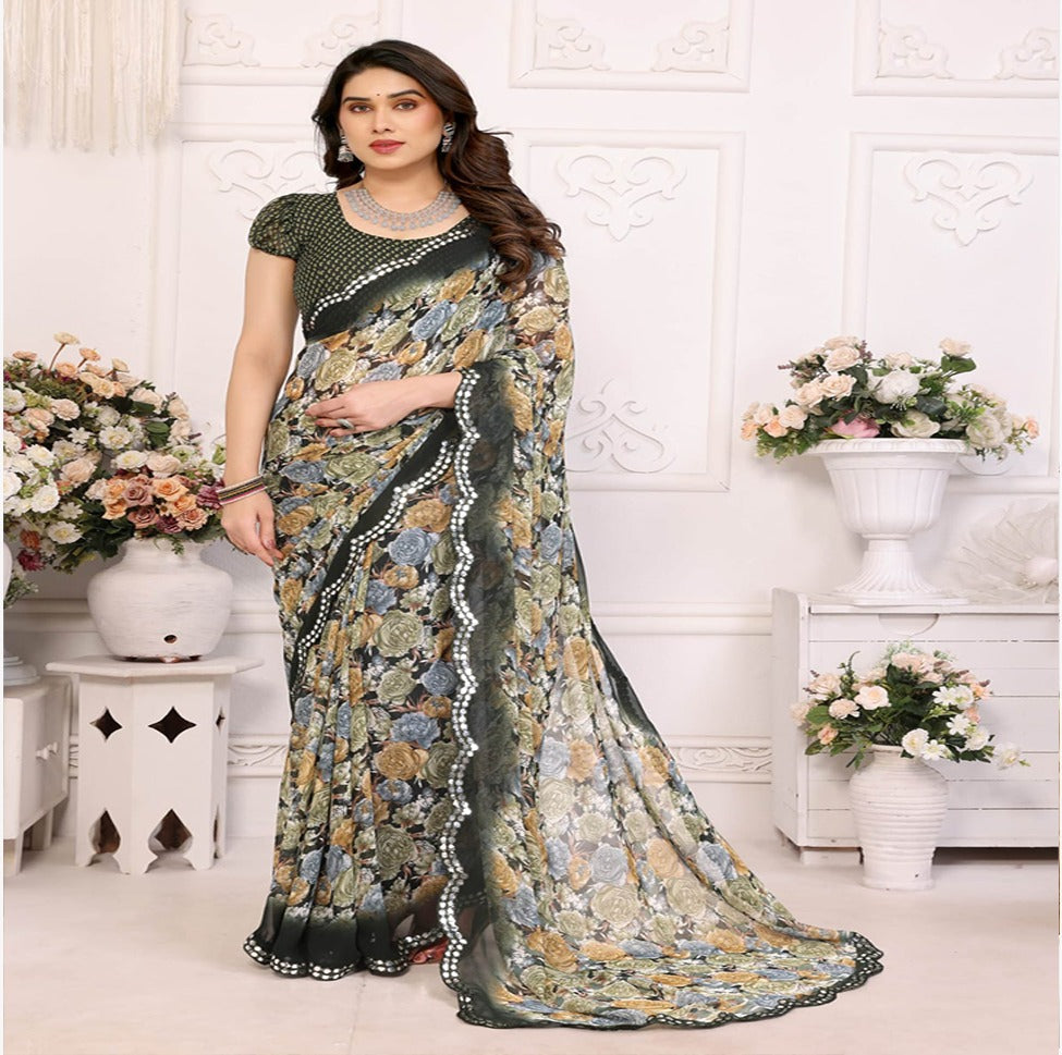 Elegant Black & Grey Floral Printed Saree with Designer Border – Party & Festive Wear