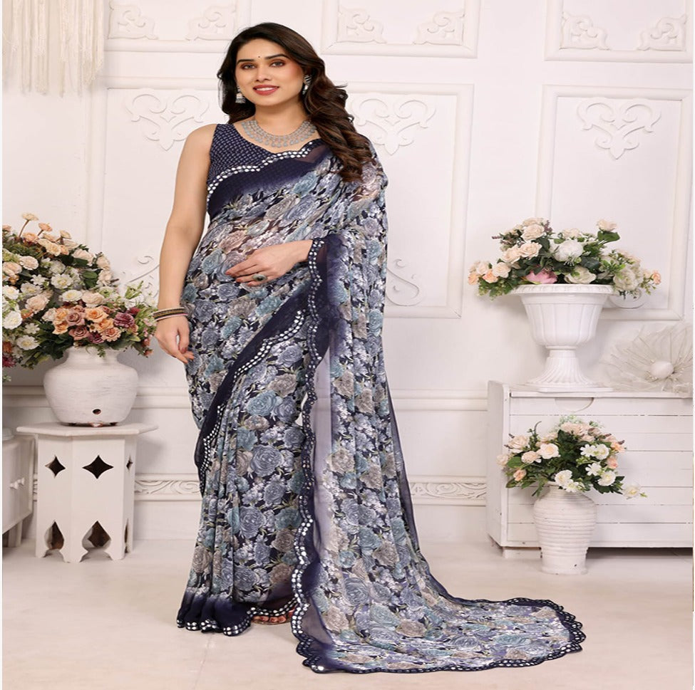 Elegant Black & Grey Floral Printed Saree with Designer Border – Party & Festive Wear