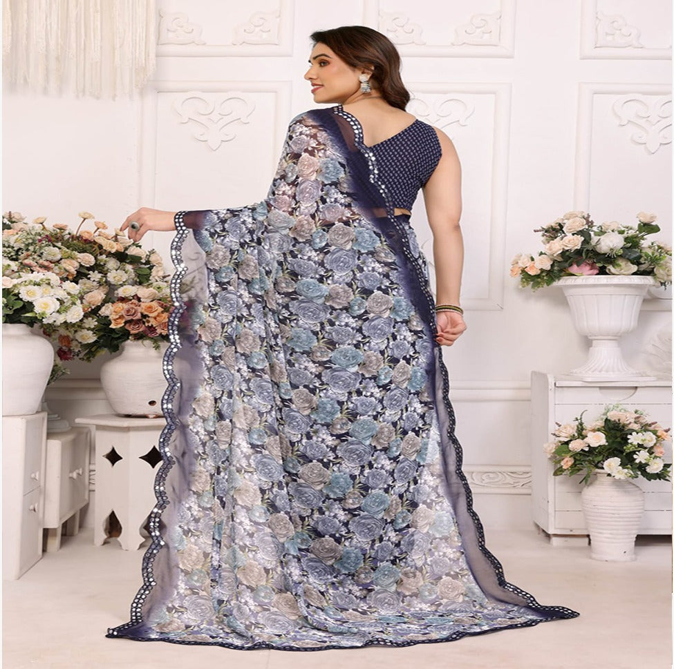 Elegant Black & Grey Floral Printed Saree with Designer Border – Party & Festive Wear