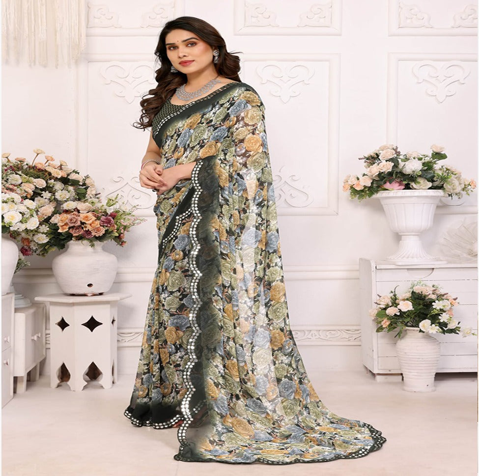 Elegant Black & Grey Floral Printed Saree with Designer Border – Party & Festive Wear