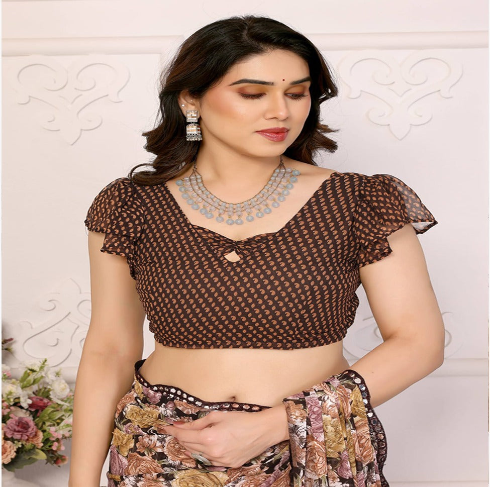 Elegant Black & Grey Floral Printed Saree with Designer Border – Party & Festive Wear