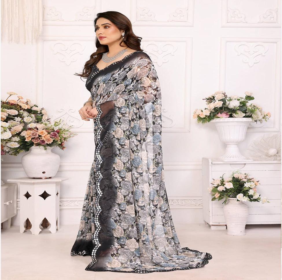 Elegant Black & Grey Floral Printed Saree with Designer Border – Party & Festive Wear