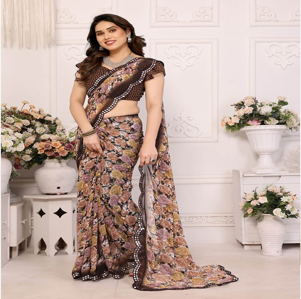 Elegant Black & Grey Floral Printed Saree with Designer Border – Party & Festive Wear