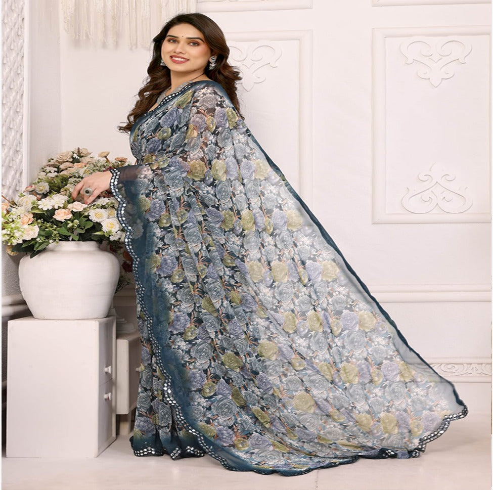 Elegant Black & Grey Floral Printed Saree with Designer Border – Party & Festive Wear