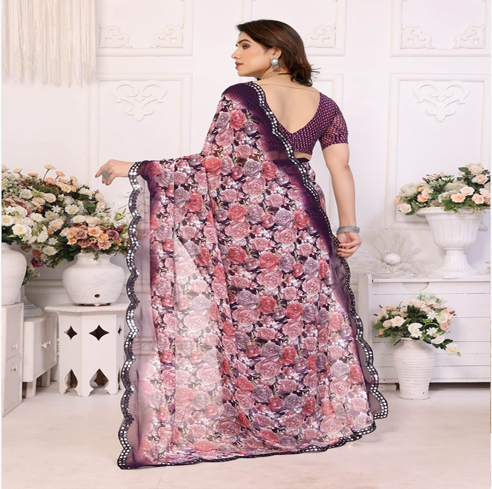 Elegant Black & Grey Floral Printed Saree with Designer Border – Party & Festive Wear