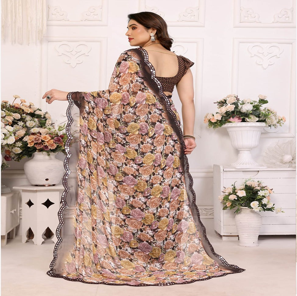 Elegant Black & Grey Floral Printed Saree with Designer Border – Party & Festive Wear