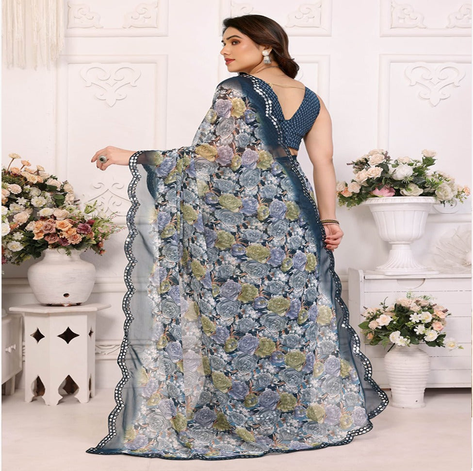 Elegant Black & Grey Floral Printed Saree with Designer Border – Party & Festive Wear