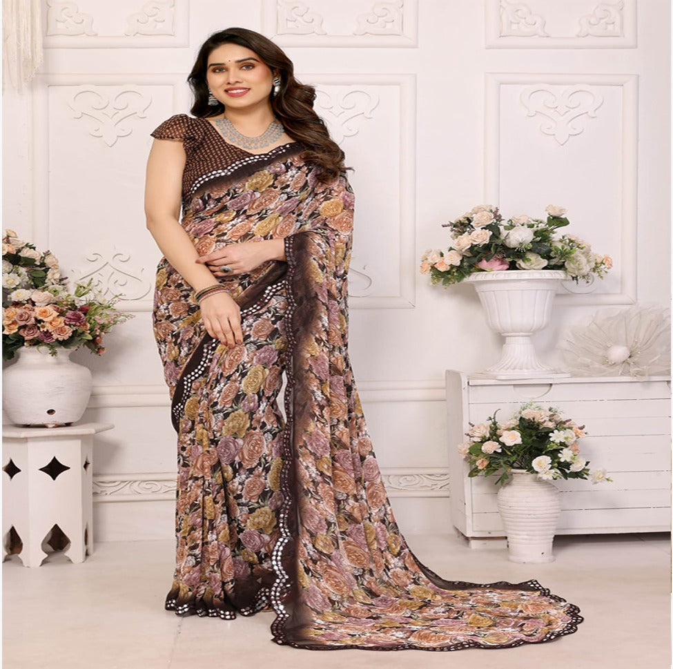 Elegant Black & Grey Floral Printed Saree with Designer Border – Party & Festive Wear