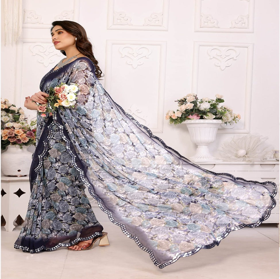 Elegant Black & Grey Floral Printed Saree with Designer Border – Party & Festive Wear