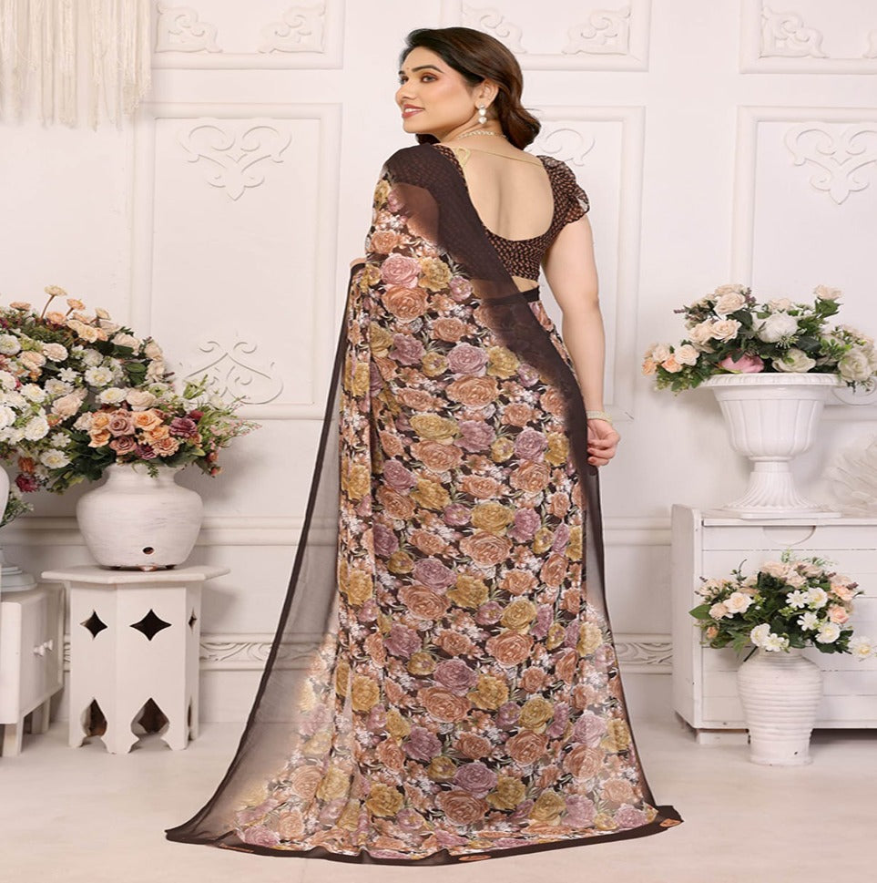 Elegant Black Floral Printed Chiffon Saree with Stylish Border – Party & Festive Wear