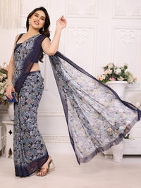 Elegant Black Floral Printed Chiffon Saree with Stylish Border – Party & Festive Wear