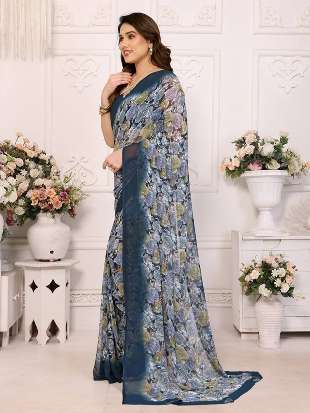 Elegant Black Floral Printed Chiffon Saree with Stylish Border – Party & Festive Wear