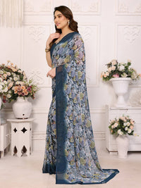 Elegant Black Floral Printed Chiffon Saree with Stylish Border – Party & Festive Wear