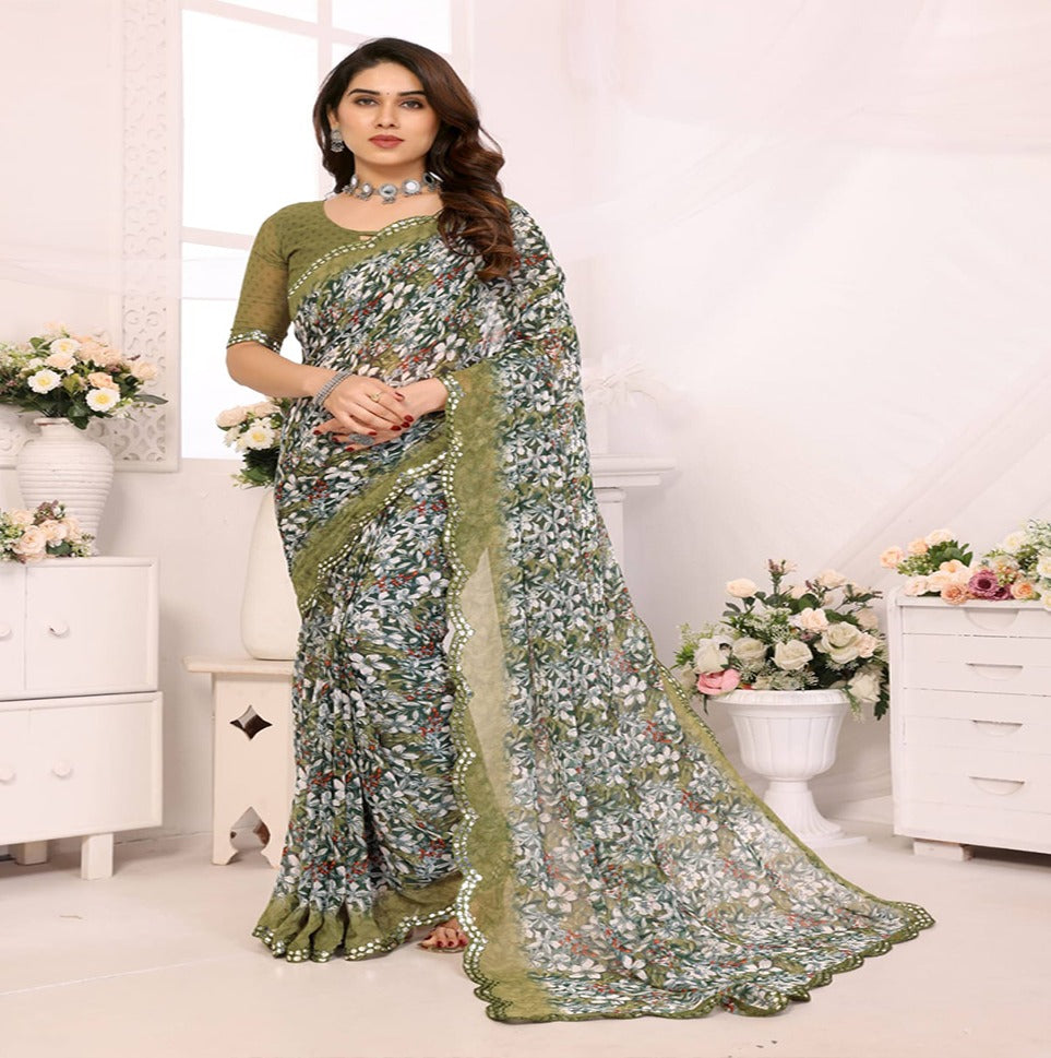 Elegant Brown Floral Printed Chiffon Saree with Designer Border – Party & Festive Wear