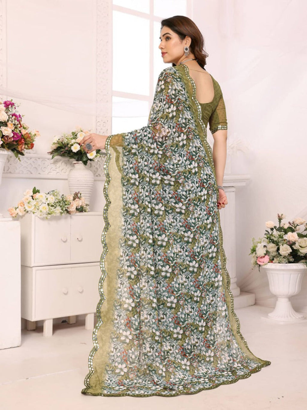 Elegant Brown Floral Printed Chiffon Saree with Designer Border – Party & Festive Wear