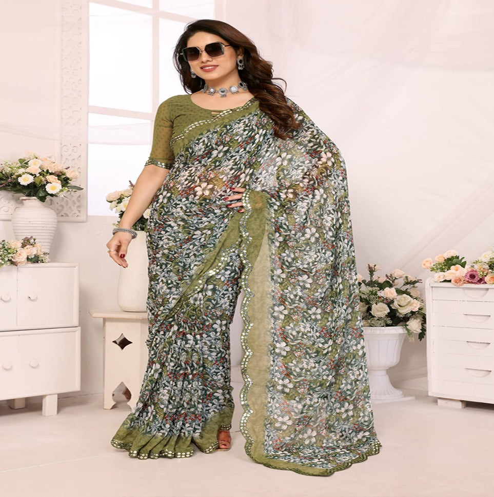 Elegant Brown Floral Printed Chiffon Saree with Designer Border – Party & Festive Wear