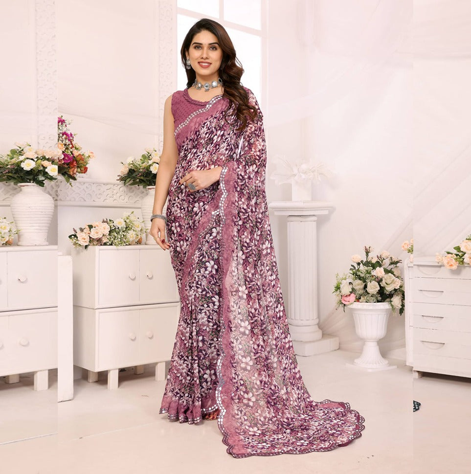 Elegant Brown Floral Printed Chiffon Saree with Designer Border – Party & Festive Wear