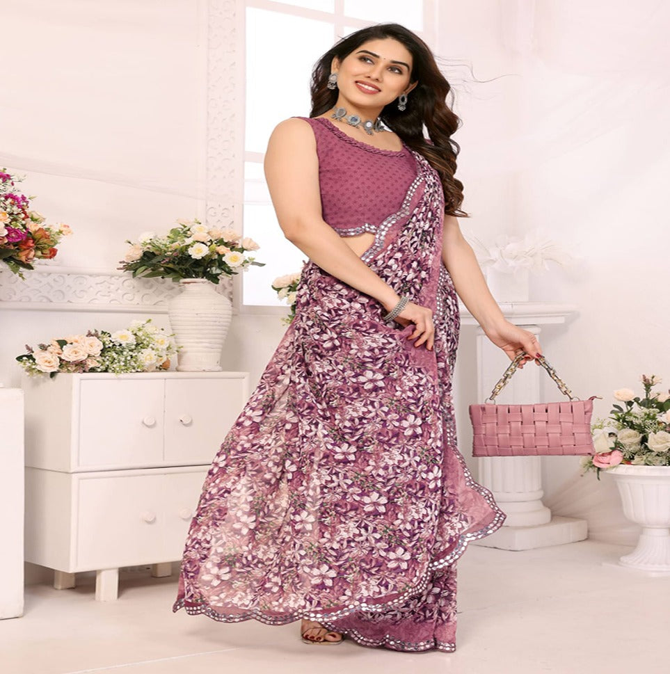 Elegant Brown Floral Printed Chiffon Saree with Designer Border – Party & Festive Wear