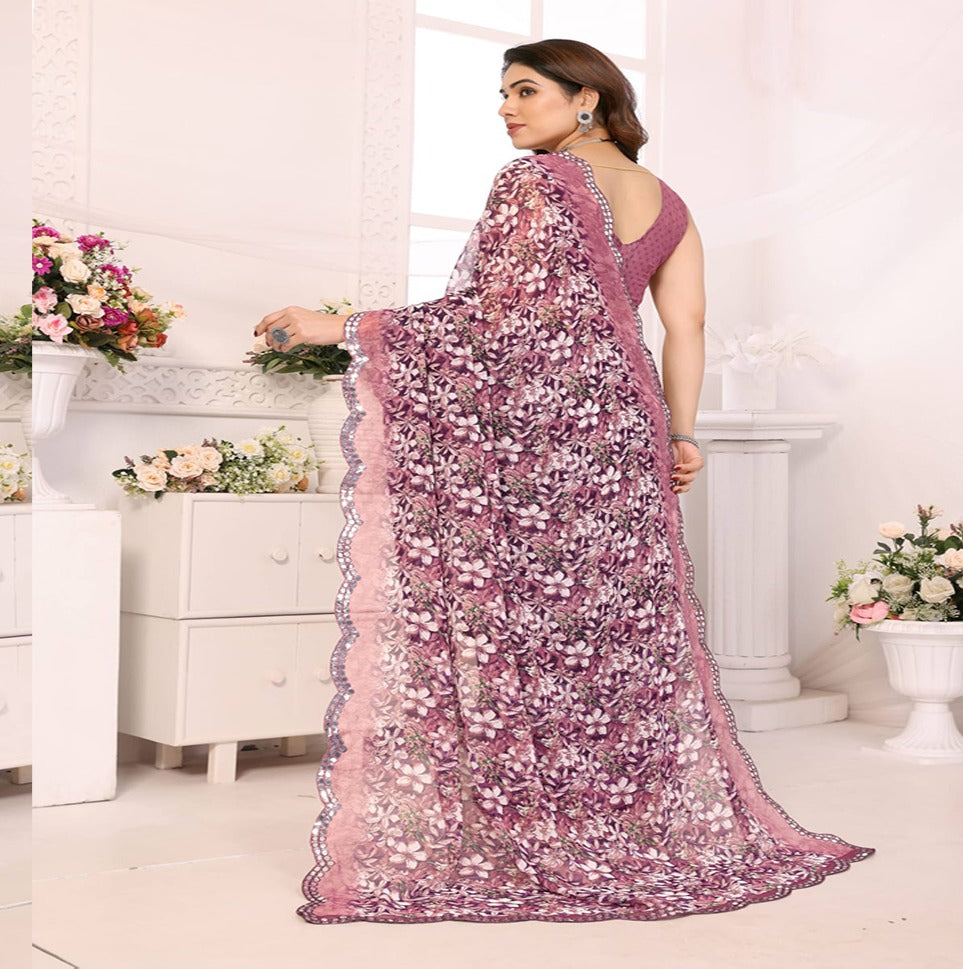 Elegant Brown Floral Printed Chiffon Saree with Designer Border – Party & Festive Wear