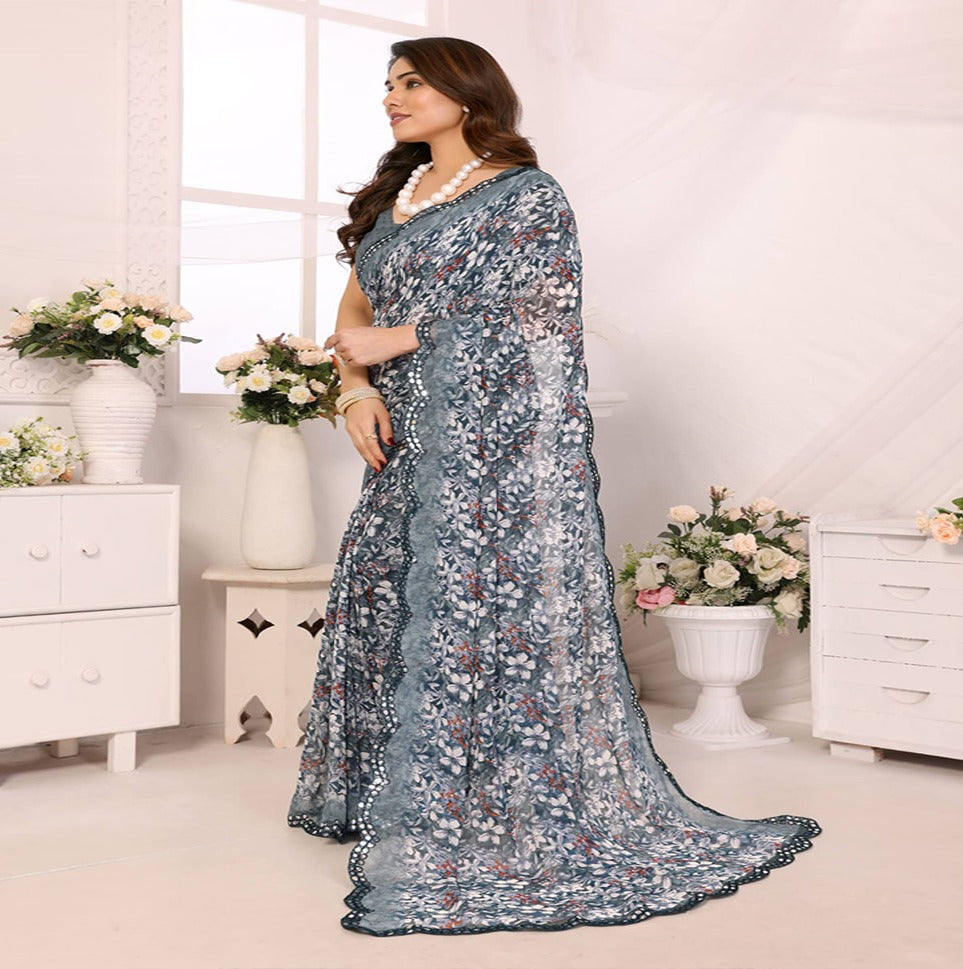 Elegant Brown Floral Printed Chiffon Saree with Designer Border – Party & Festive Wear