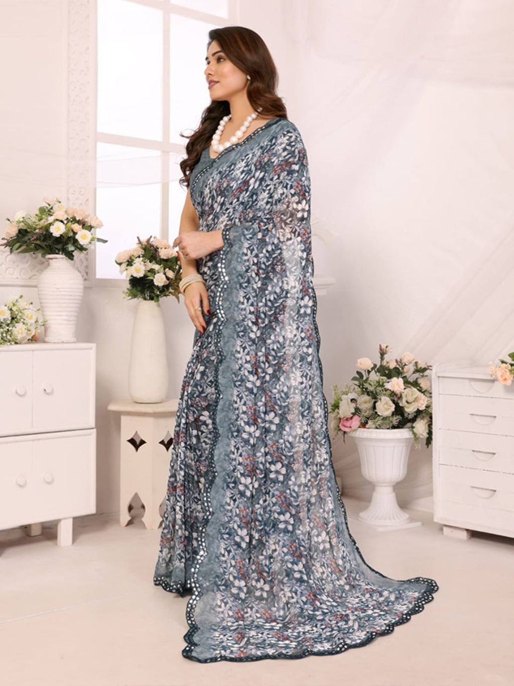 Elegant Brown Floral Printed Chiffon Saree with Designer Border – Party & Festive Wear