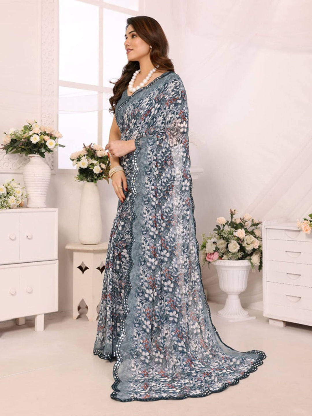 Elegant Brown Floral Printed Chiffon Saree with Designer Border – Party & Festive Wear