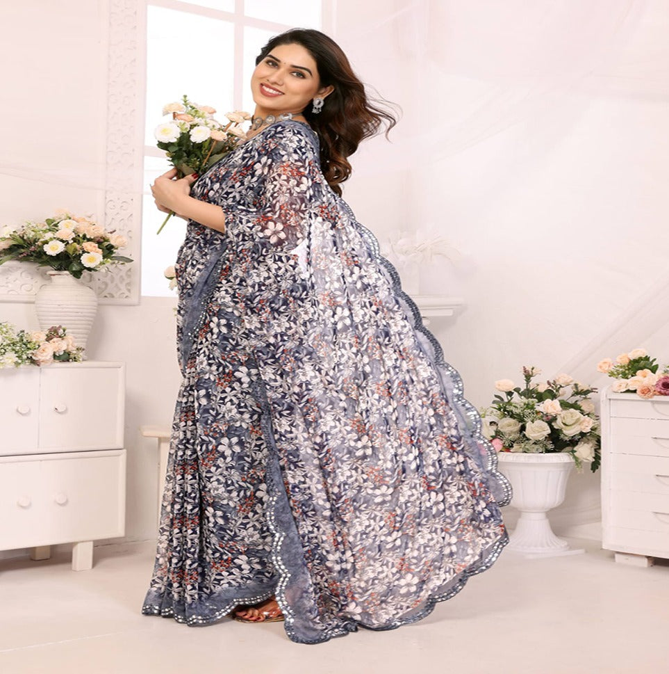 Elegant Brown Floral Printed Chiffon Saree with Designer Border – Party & Festive Wear