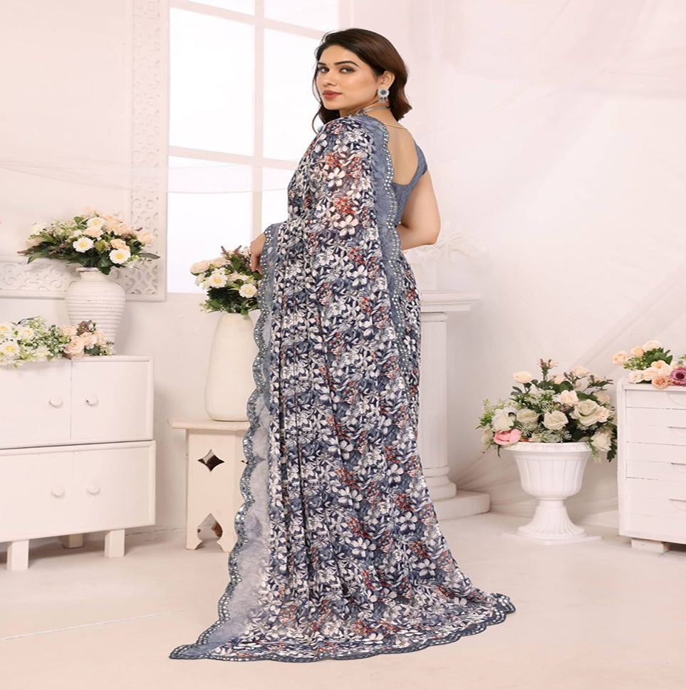 Elegant Brown Floral Printed Chiffon Saree with Designer Border – Party & Festive Wear