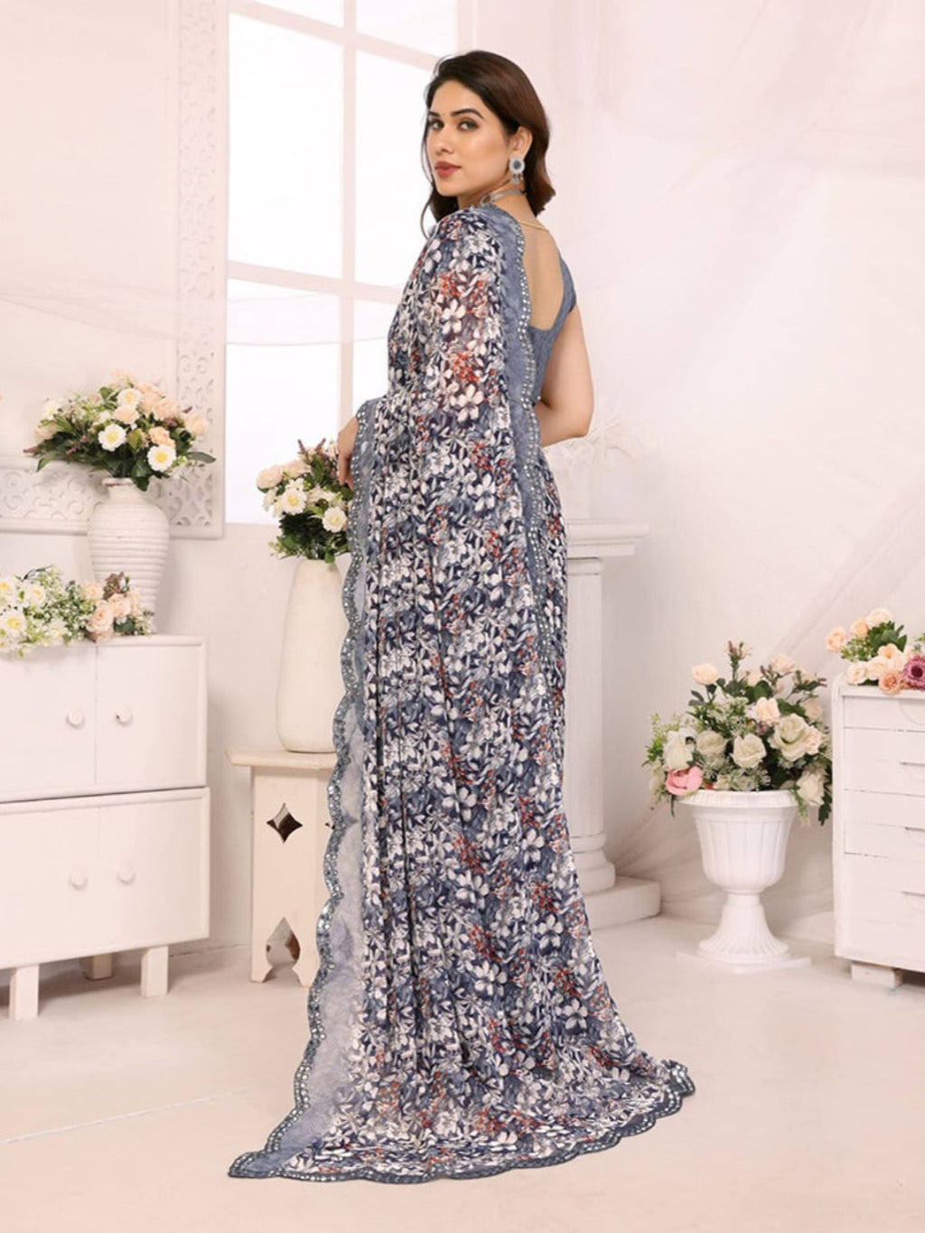Elegant Brown Floral Printed Chiffon Saree with Designer Border – Party & Festive Wear
