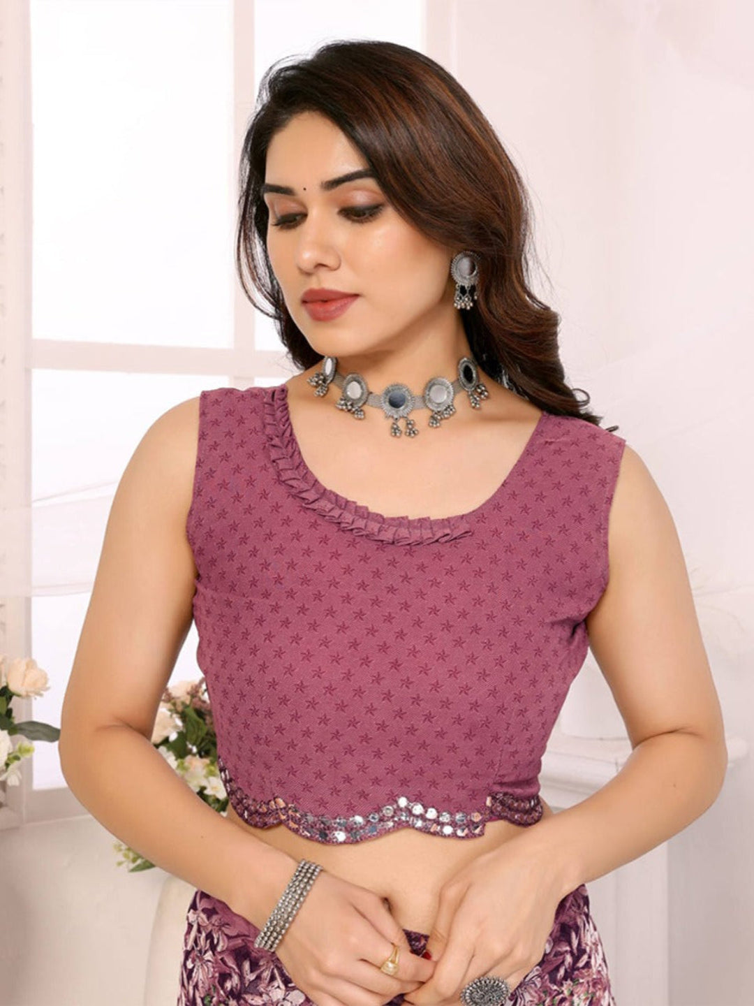 Elegant Brown Floral Printed Chiffon Saree with Designer Border – Party & Festive Wear