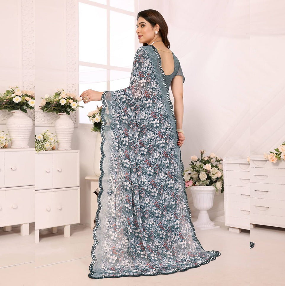 Elegant Brown Floral Printed Chiffon Saree with Designer Border – Party & Festive Wear