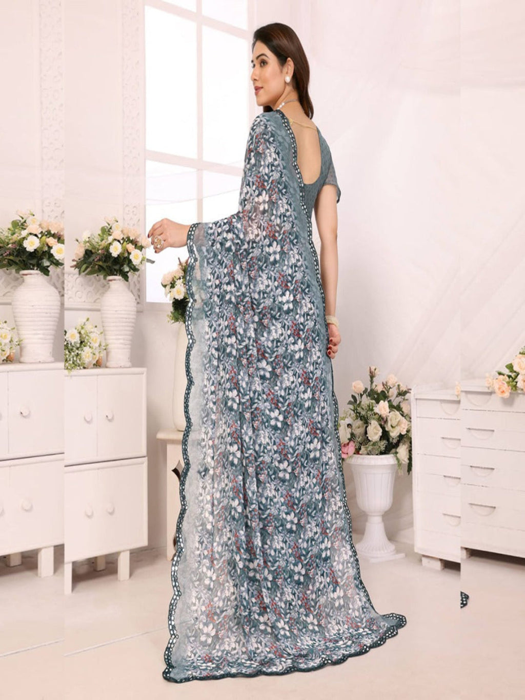 Elegant Brown Floral Printed Chiffon Saree with Designer Border – Party & Festive Wear