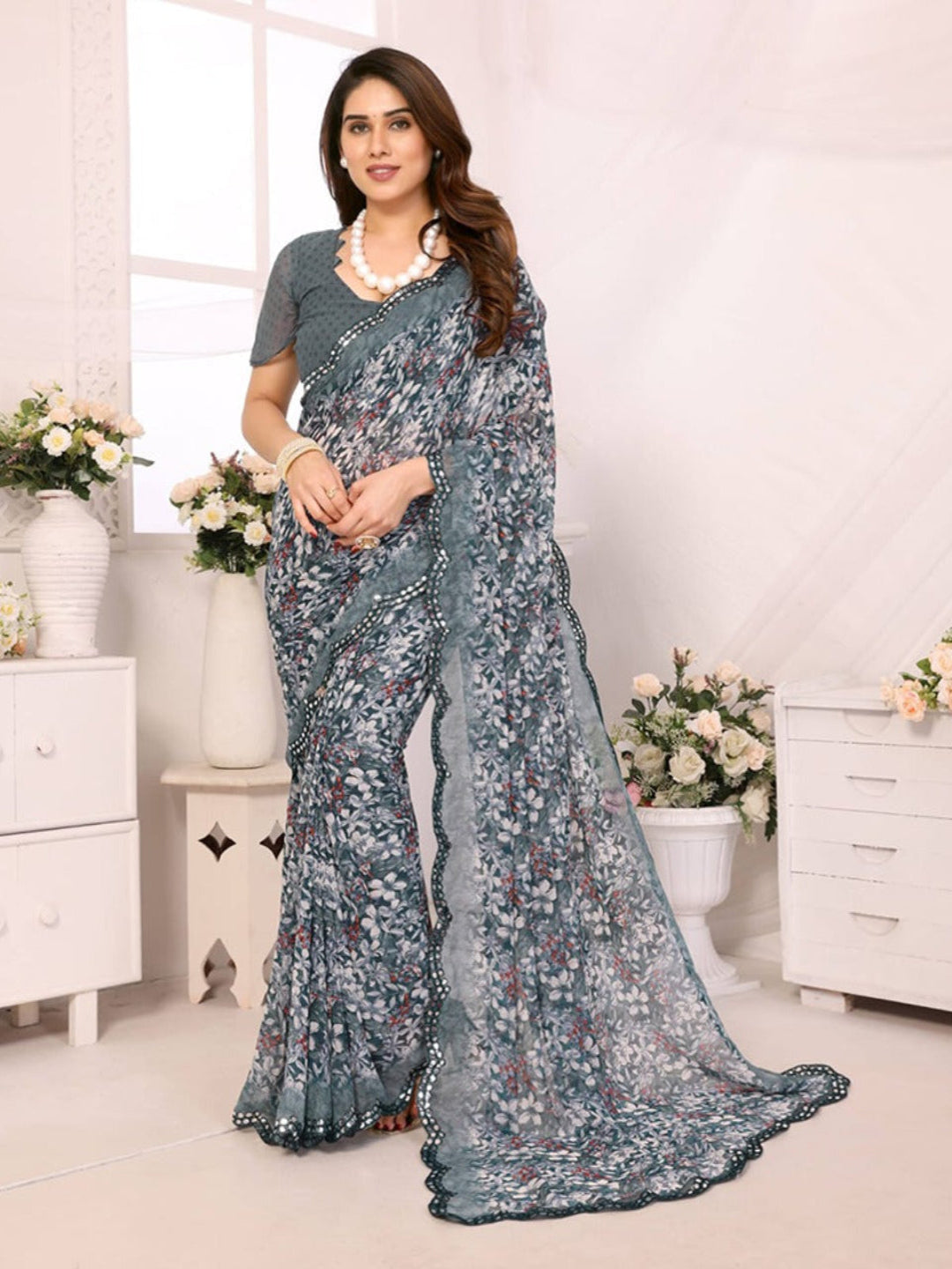 Elegant Brown Floral Printed Chiffon Saree with Designer Border – Party & Festive Wear