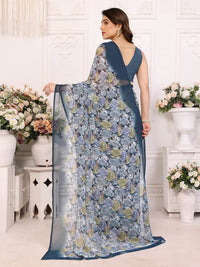 Elegant Black Floral Printed Chiffon Saree with Stylish Border – Party & Festive Wear