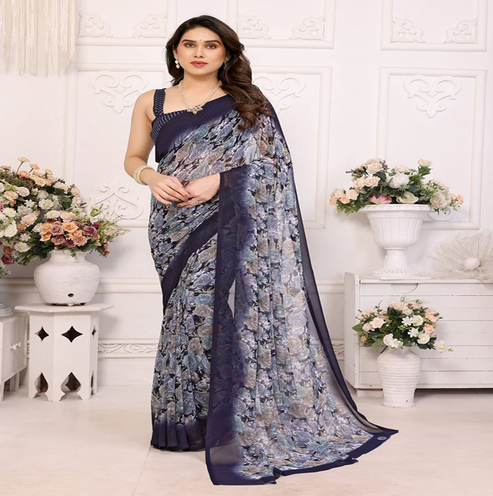 Elegant Black Floral Printed Chiffon Saree with Stylish Border – Party & Festive Wear