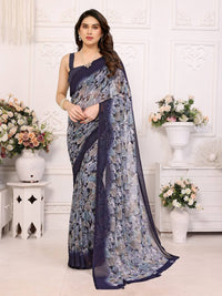 Elegant Black Floral Printed Chiffon Saree with Stylish Border – Party & Festive Wear