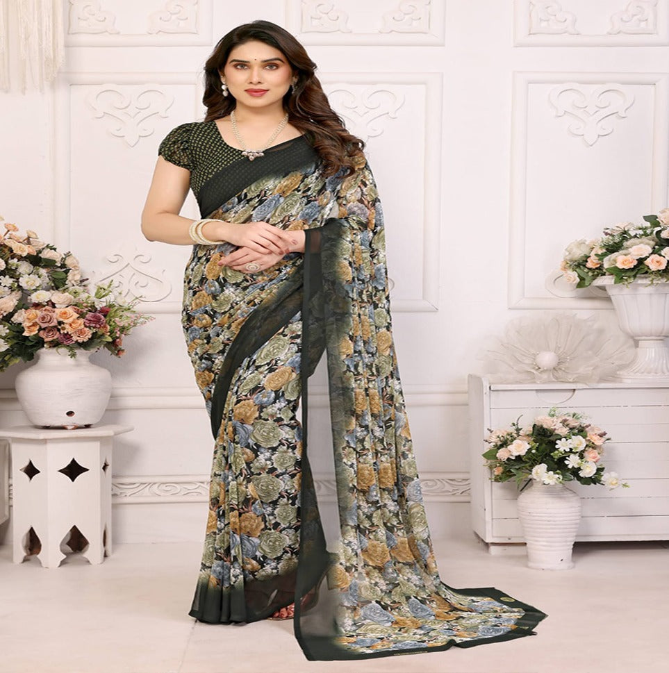 Elegant Black Floral Printed Chiffon Saree with Stylish Border – Party & Festive Wear
