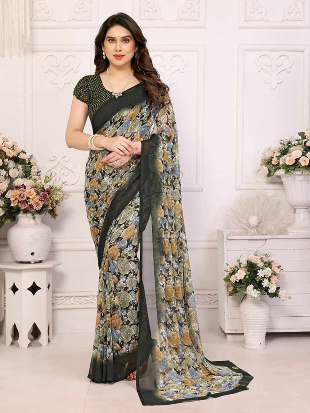 Elegant Black Floral Printed Chiffon Saree with Stylish Border – Party & Festive Wear