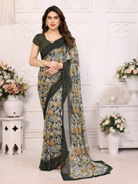 Elegant Black Floral Printed Chiffon Saree with Stylish Border – Party & Festive Wear