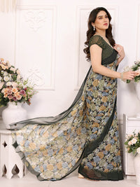 Elegant Black Floral Printed Chiffon Saree with Stylish Border – Party & Festive Wear