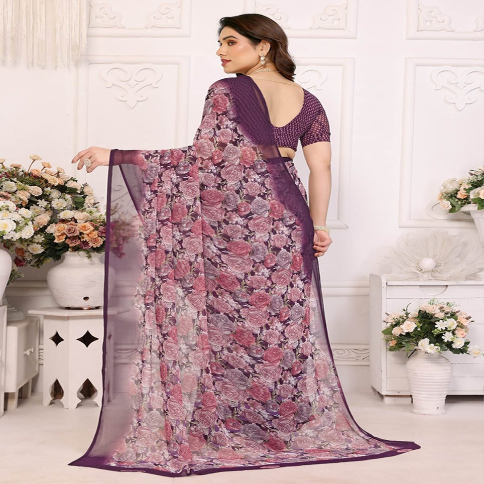 Elegant Black Floral Printed Chiffon Saree with Stylish Border – Party & Festive Wear