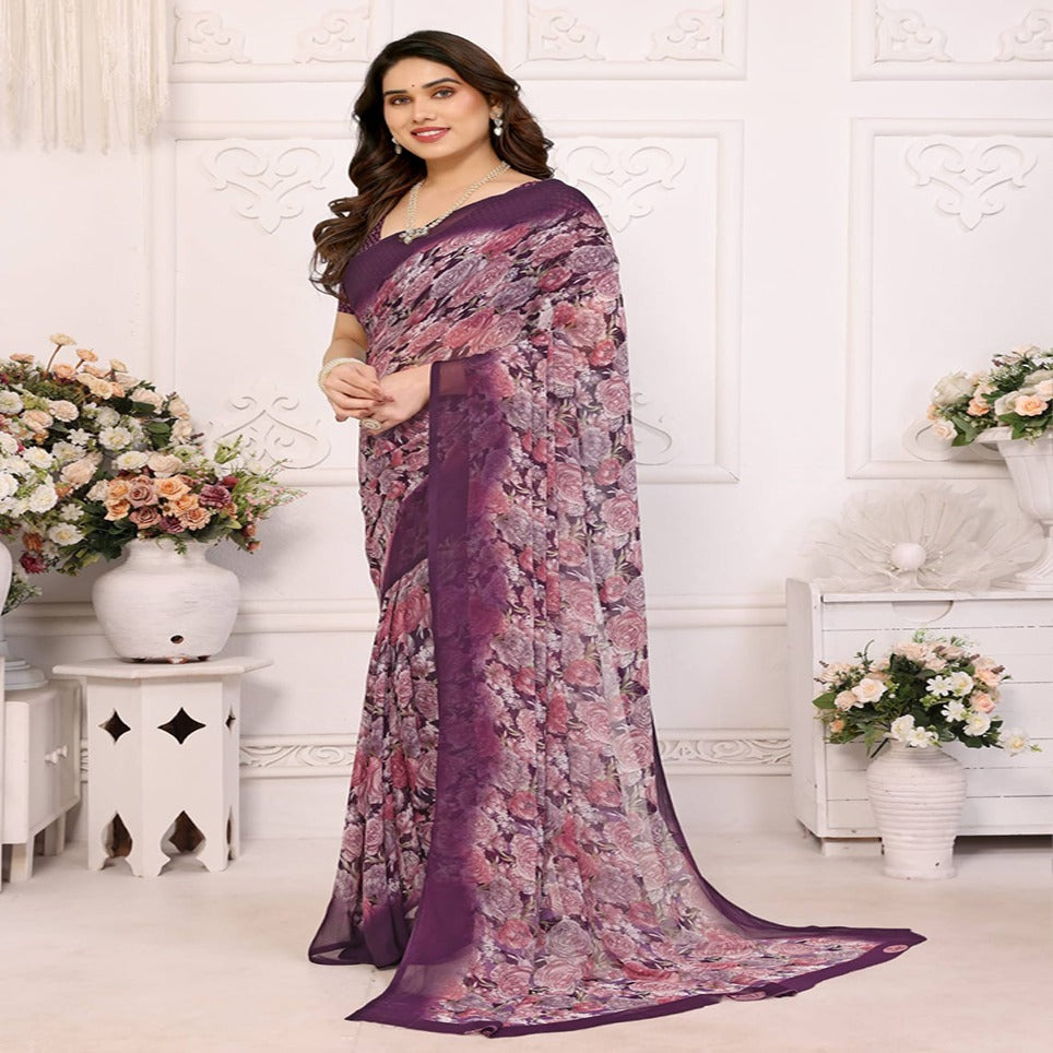 Elegant Black Floral Printed Chiffon Saree with Stylish Border – Party & Festive Wear