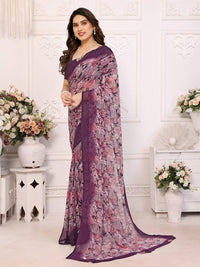 Elegant Black Floral Printed Chiffon Saree with Stylish Border – Party & Festive Wear