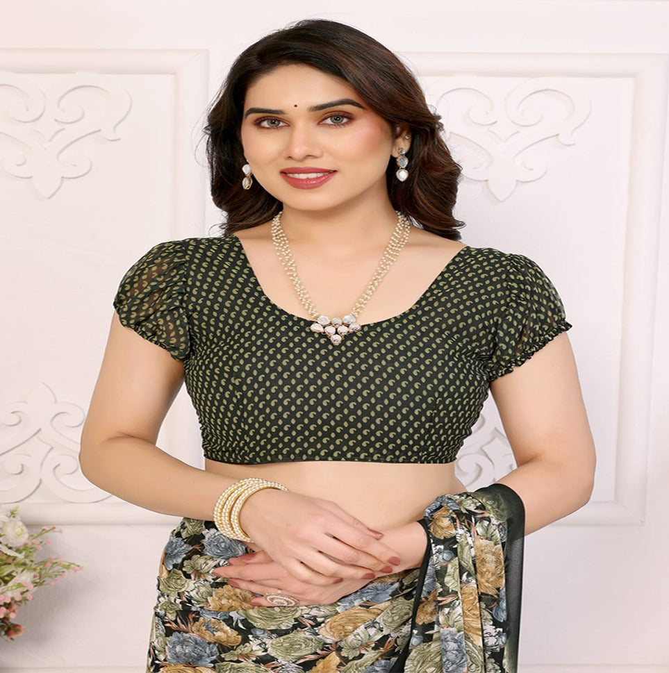 Elegant Black Floral Printed Chiffon Saree with Stylish Border – Party & Festive Wear