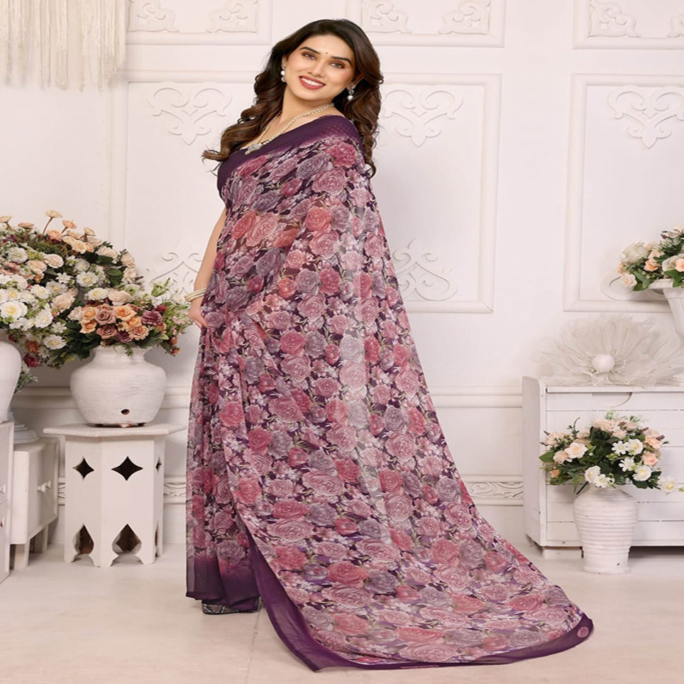 Elegant Black Floral Printed Chiffon Saree with Stylish Border – Party & Festive Wear