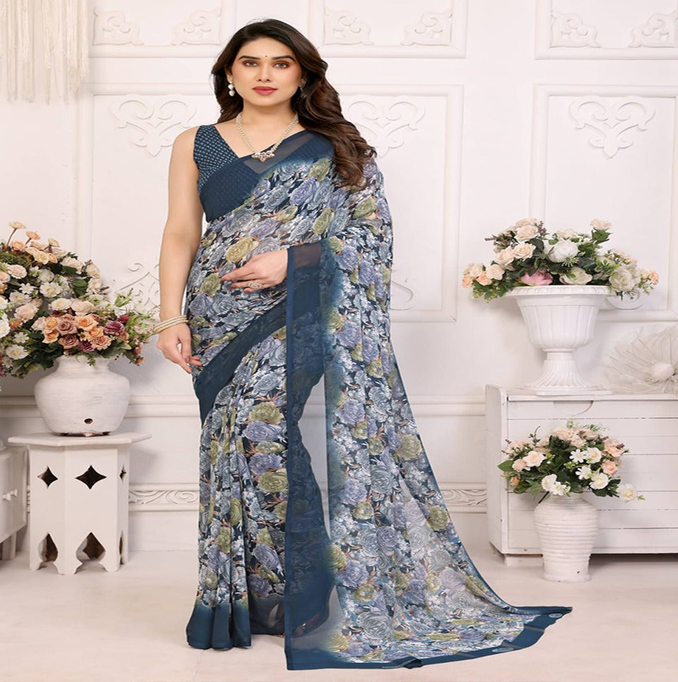 Elegant Black Floral Printed Chiffon Saree with Stylish Border – Party & Festive Wear