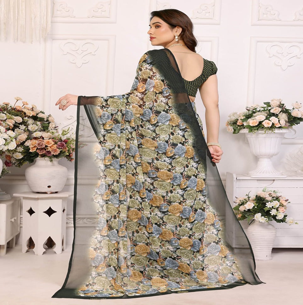 Elegant Black Floral Printed Chiffon Saree with Stylish Border – Party & Festive Wear